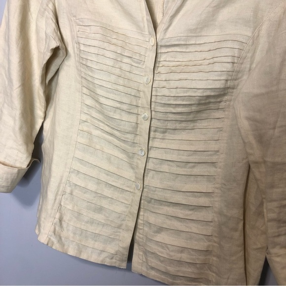 Tracy M Yellow/Tan Linen Button Down Shirt, Size L - Picture 4 of 8
